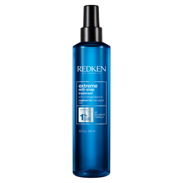 Redken Extreme Anti-Snap Leave-In -hoitotuote tasoittaa hellävaraisesti hiuksen pintaa auttamaan hiusten katkeilun ehkäisyssä ja vahvistaen niitä. Proteiineja sisältävä koostumus jättää hiukset tuntumaan hyvinvoivilta ja vahvemmilta.
