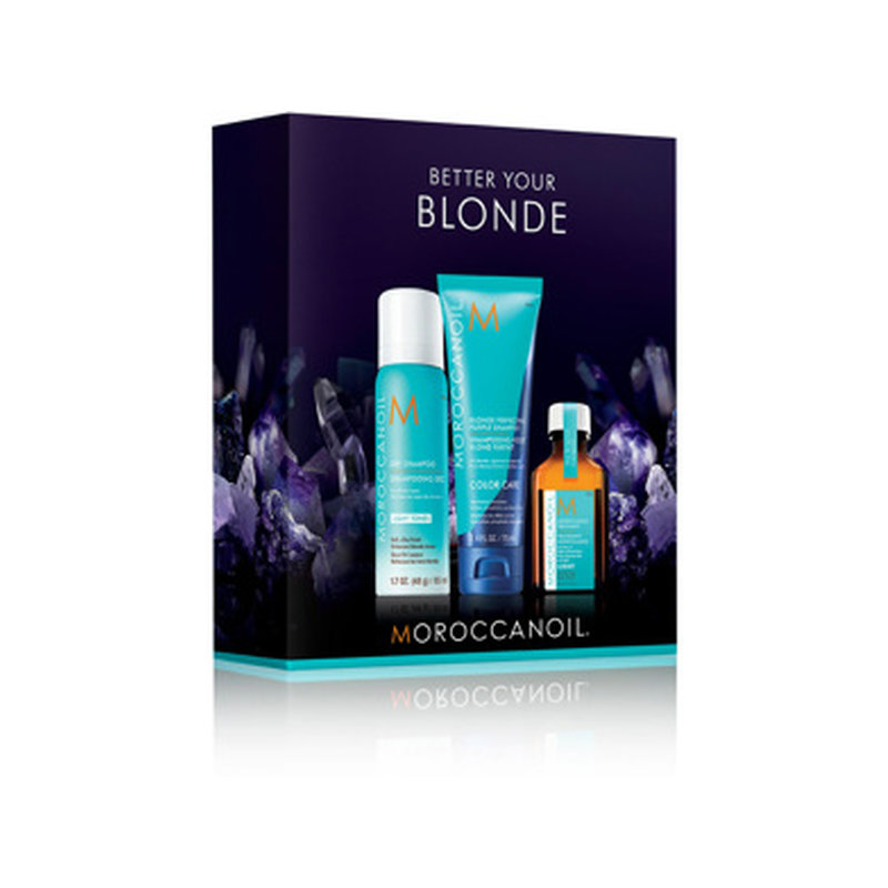 Moroccanoil Better Your Blonde Mini Kit -vaaleiden hiusten setti sisältää shampoon 70 ml sekä kuivashampoon 65 ml ja hiusöljyn 25 ml