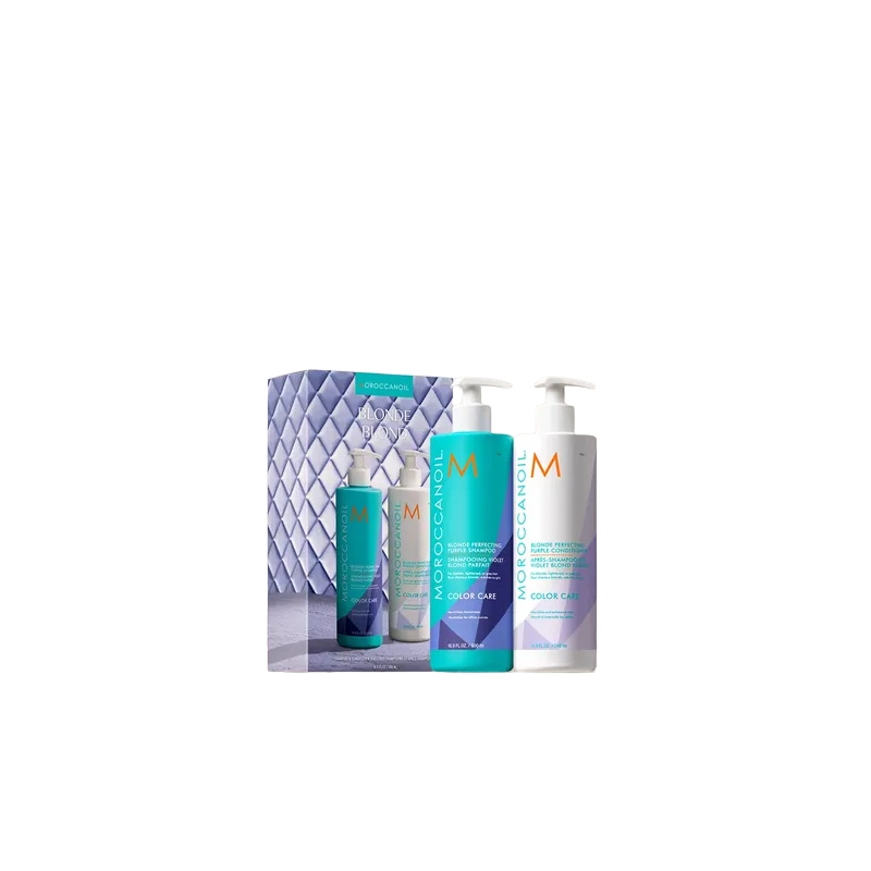 Moroccanoil Blonde Perfecting Purple Shampoo & Conditioner Duo -violettishampoo ja -hoitoaine vaaleille hiuksille 2 × 500 ml