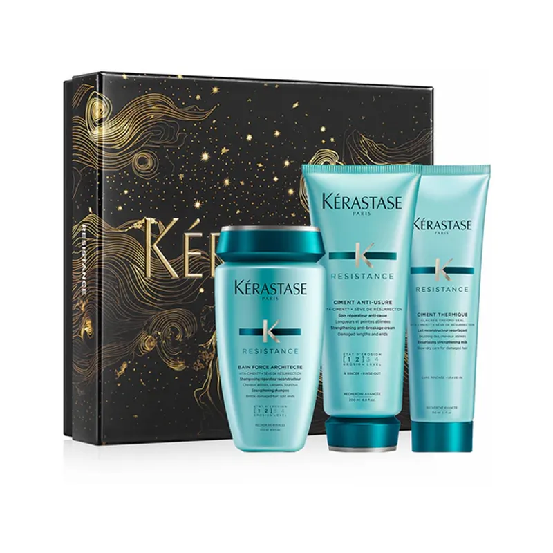 Kérastase Résistance Light Gift Set -hoitosetti vaurioituneille hiuksille sisältää shampoon 250 ml sekä hoitoaineen 200 ml ja lämpösuojan 150 ml